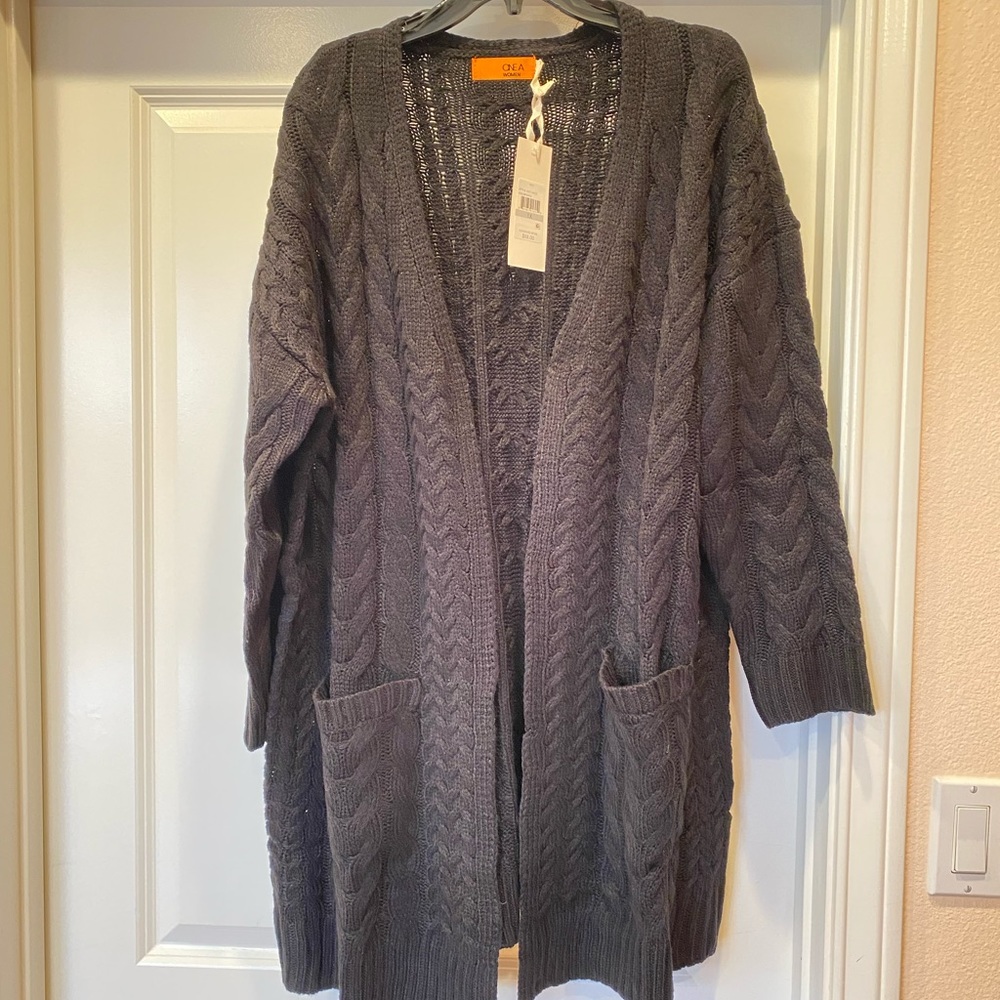 NWT ONE A Womens Black Ribbed Shawl Collar Long Sleeve Open Cardigan